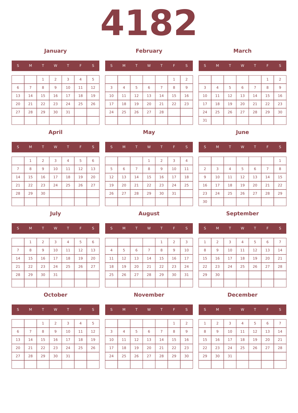 Printable 4182 Year Calendars cordovan