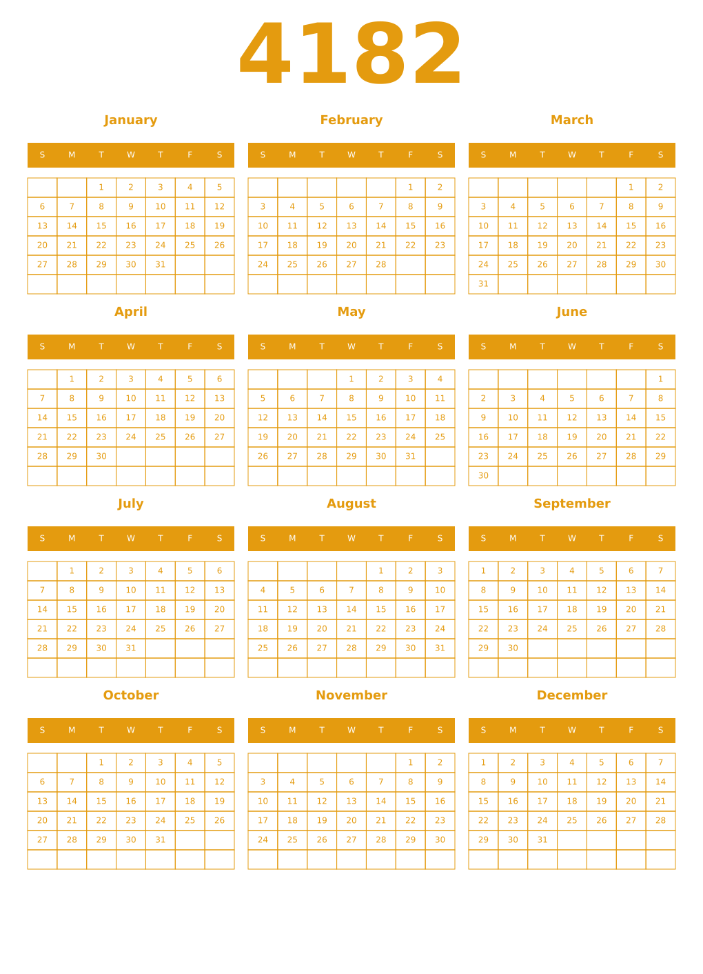 Printable 4182 Year Calendars gamboge
