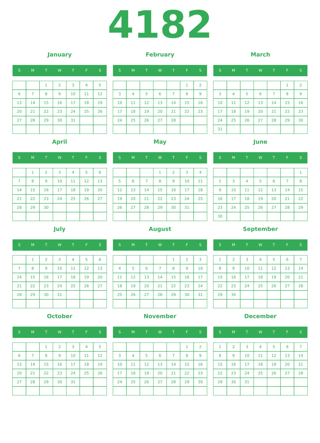 Printable 4182 Year Calendars green