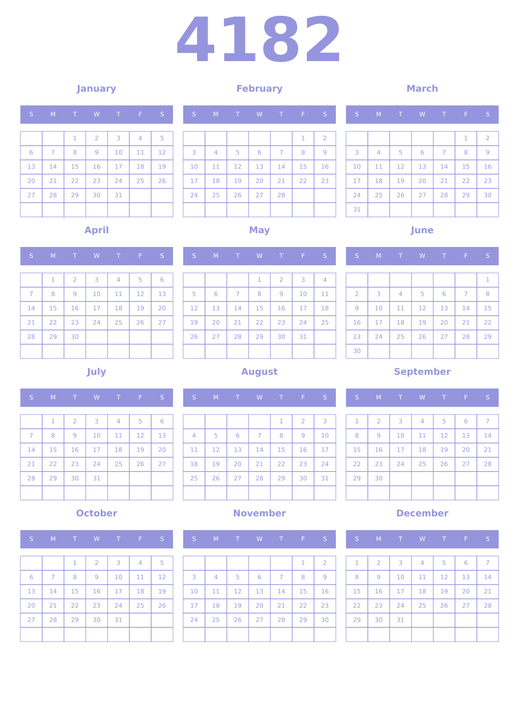 Printable 4182 Year Calendars periwinkle