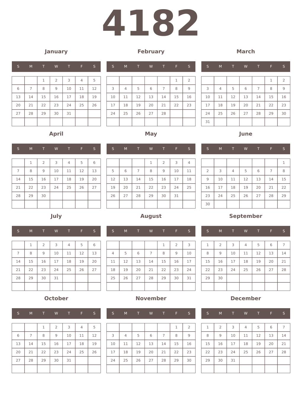 Printable 4182 Year Calendars wenge