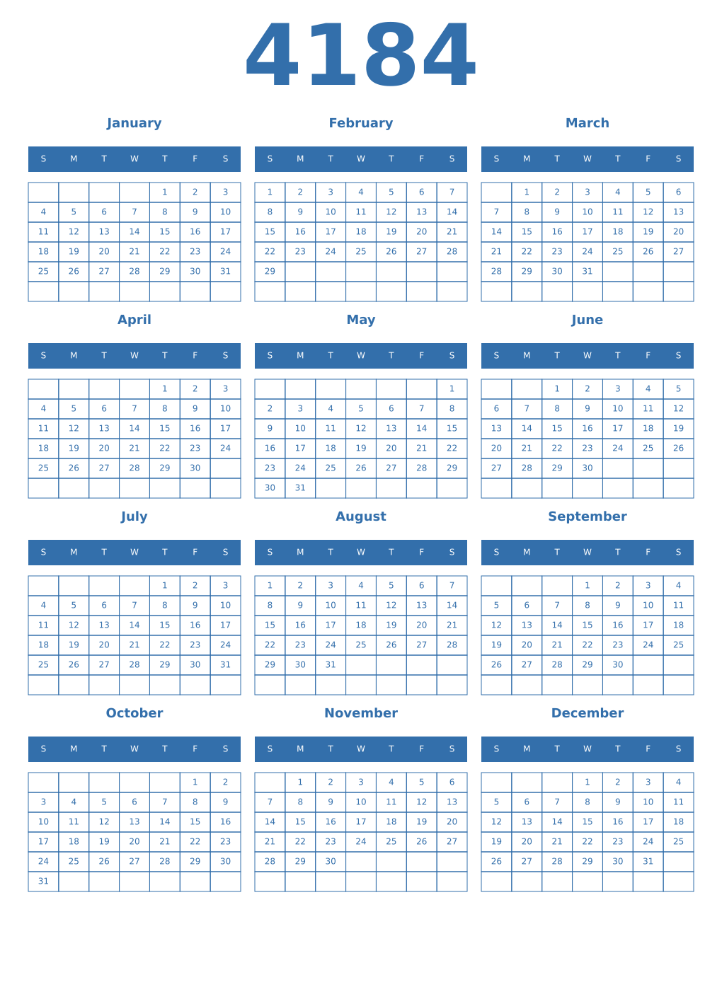 Printable 4184 Year Calendars blue