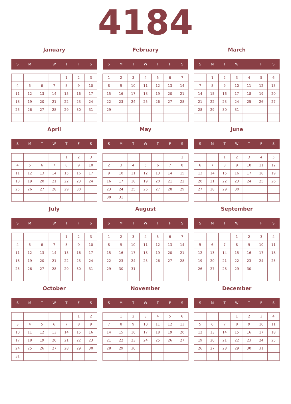 Printable 4184 Year Calendars cordovan