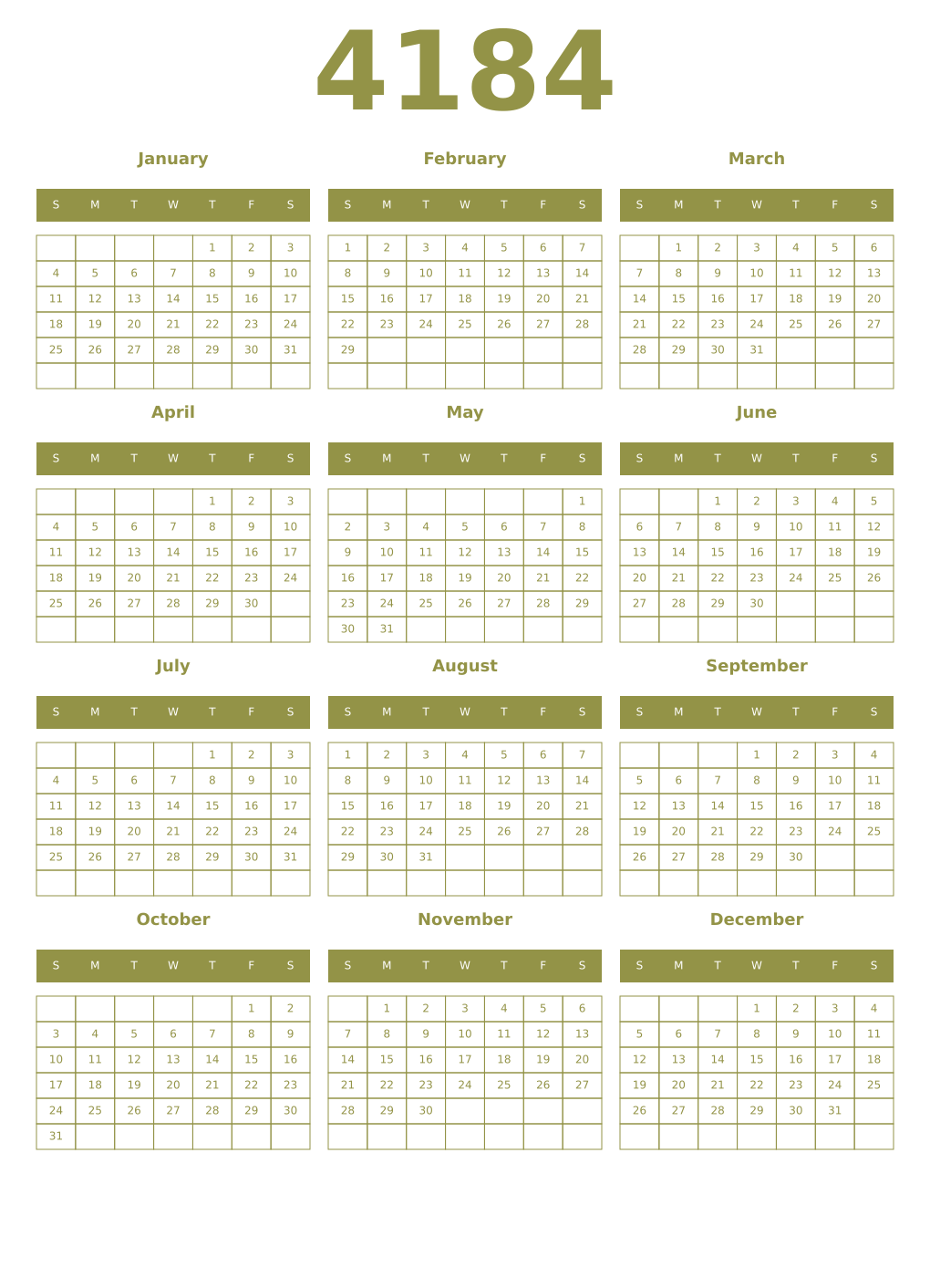 Printable 4184 Year Calendars eburnean