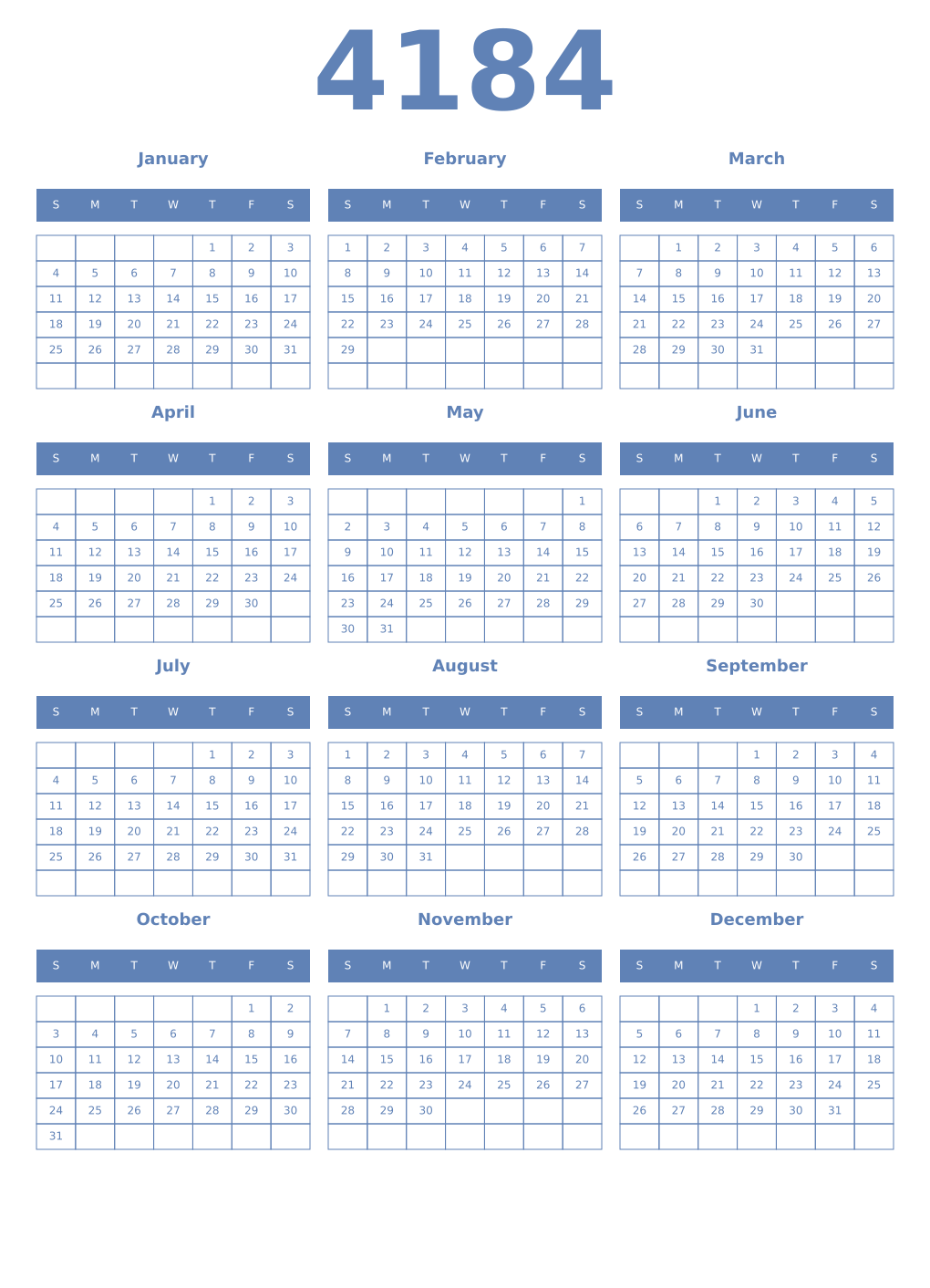 Printable 4184 Year Calendars glaucous