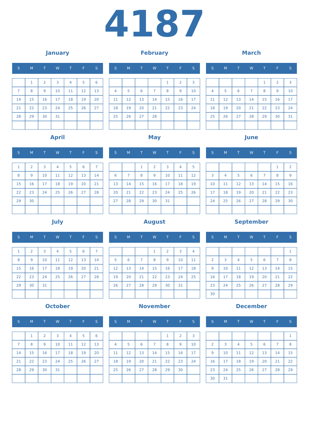Printable 4187 Year Calendars blue