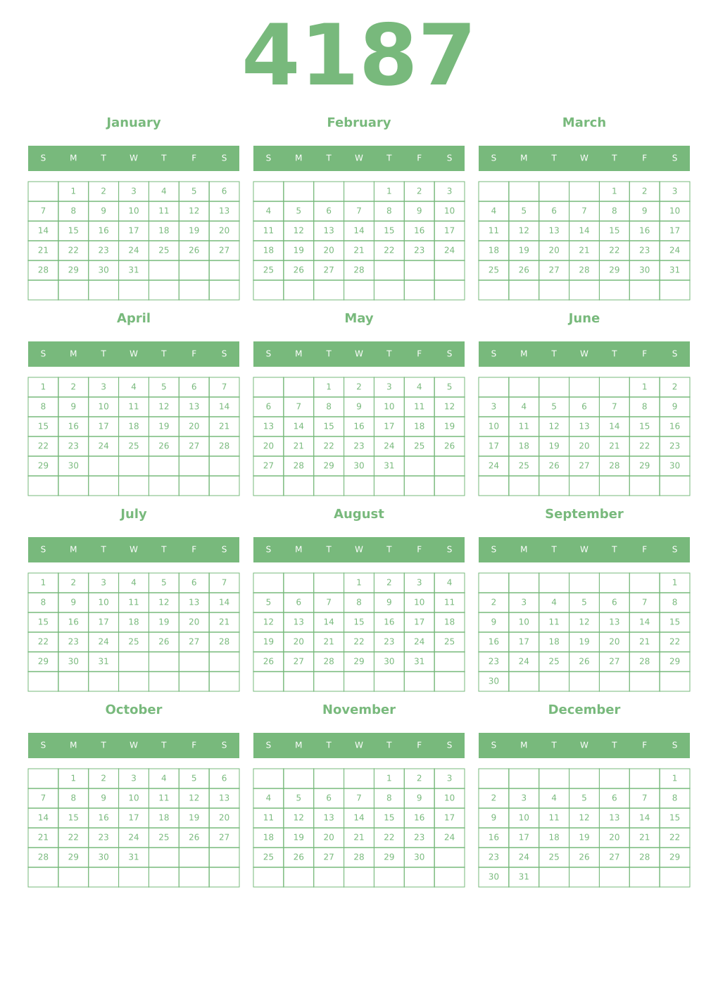 Printable 4187 Year Calendars celadon