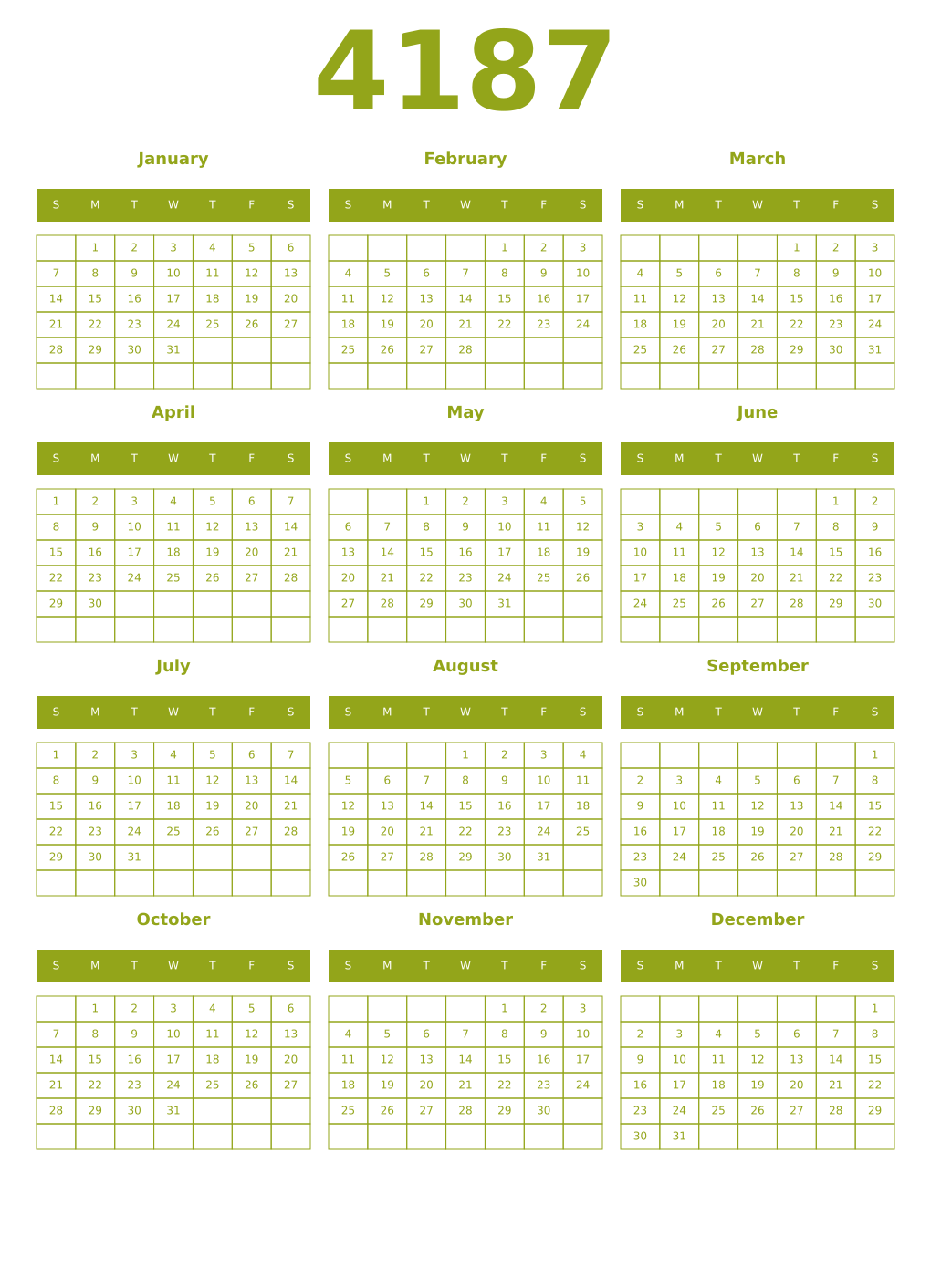 Printable 4187 Year Calendars chartreuse