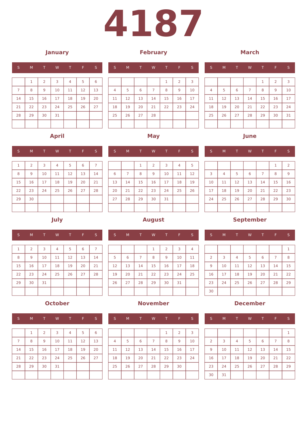 Printable 4187 Year Calendars cordovan