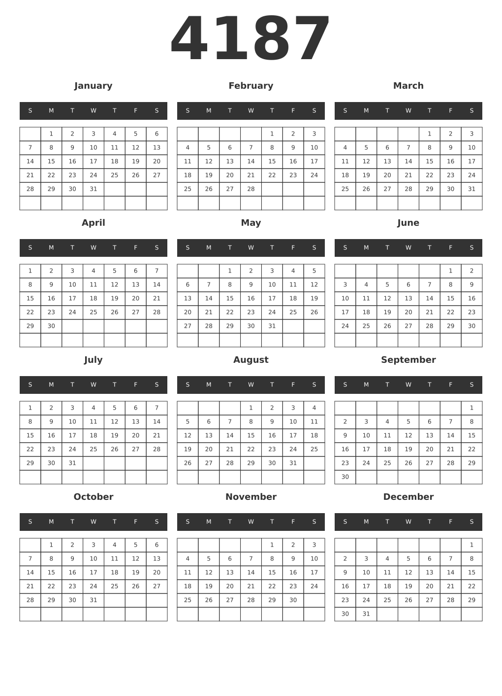 Printable 4187 Year Calendars dark