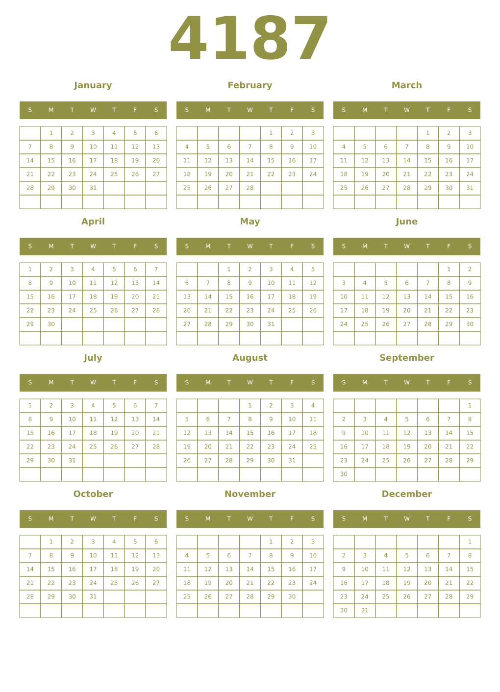 Printable 4187 Year Calendars eburnean