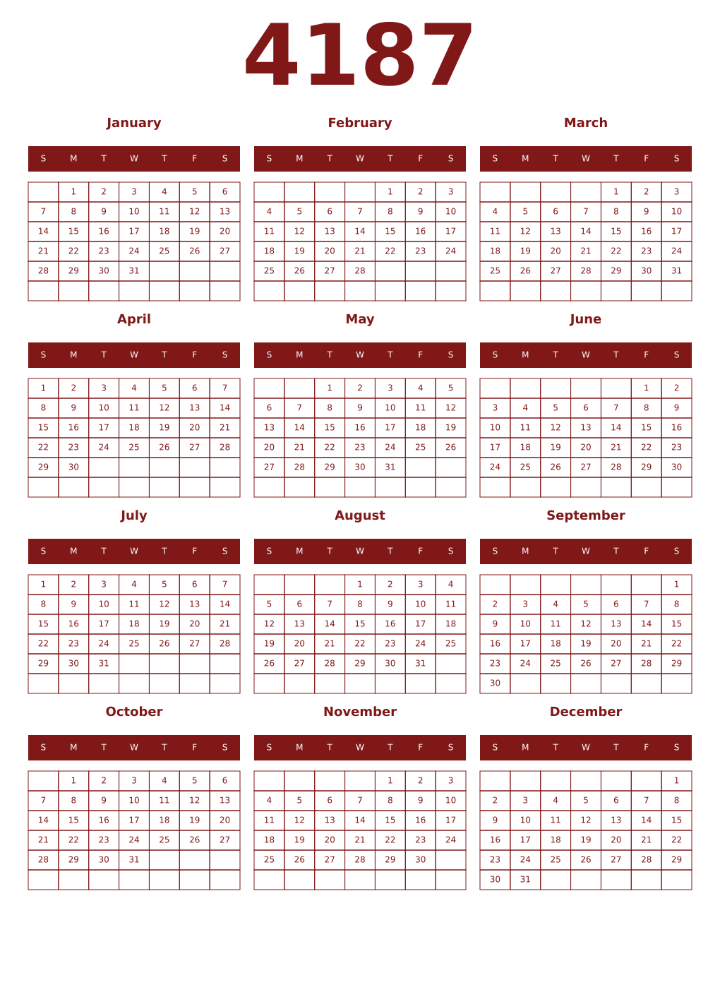 Printable 4187 Year Calendars falu