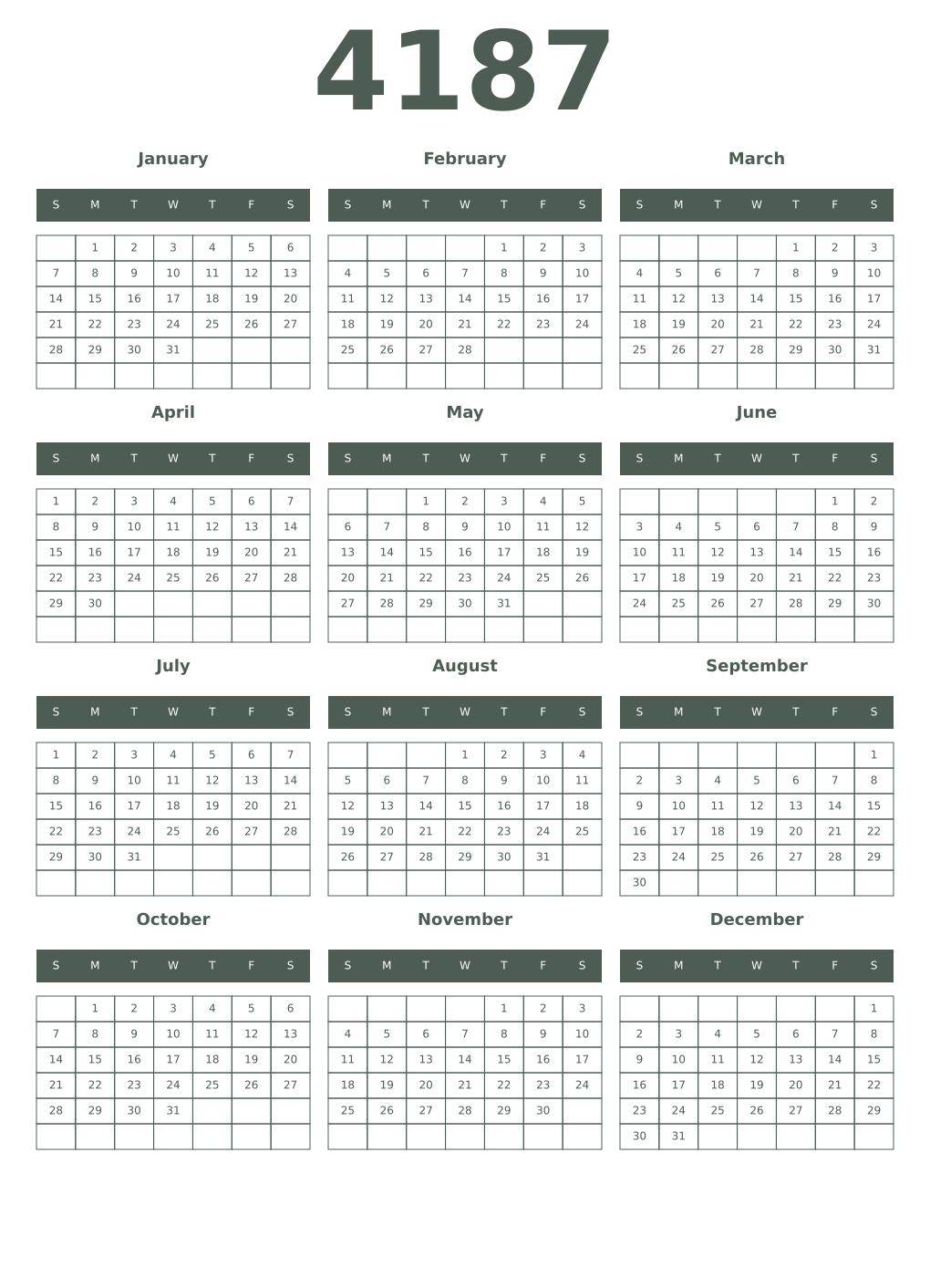 Printable 4187 Year Calendars feldgrau