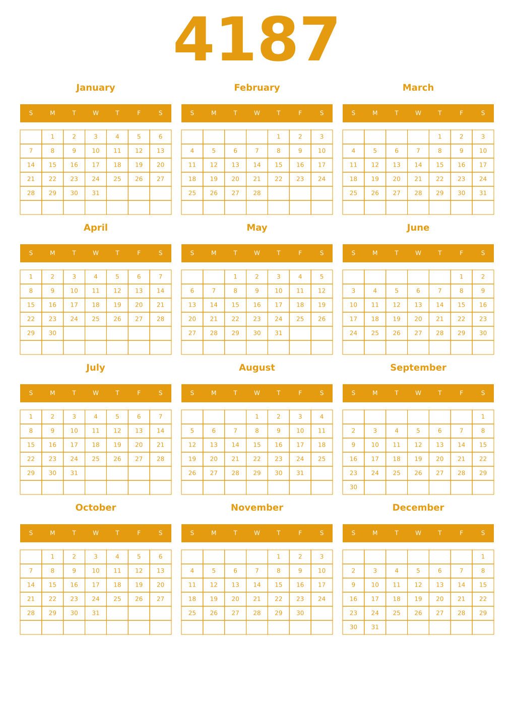Printable 4187 Year Calendars gamboge