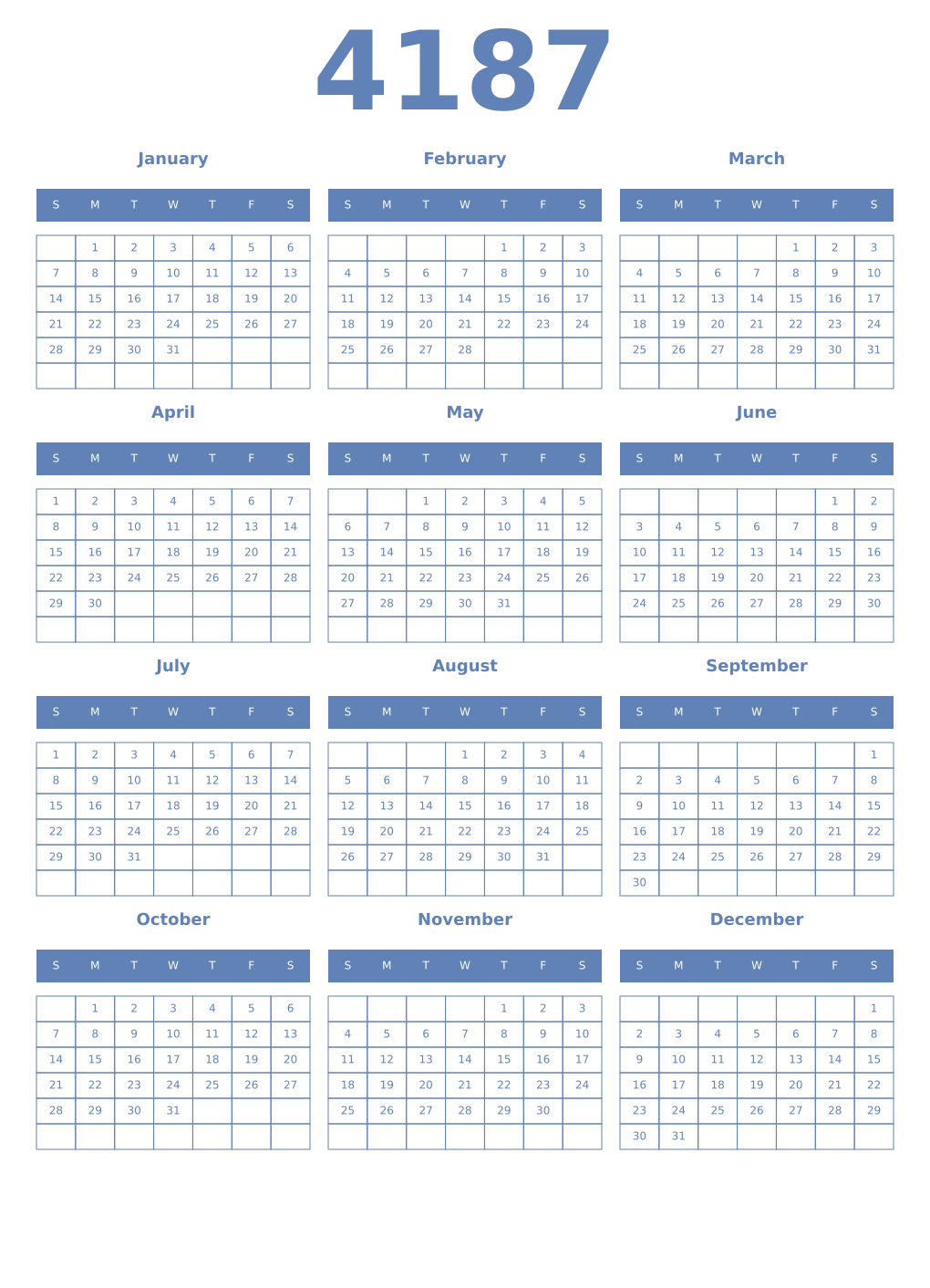 Printable 4187 Year Calendars glaucous