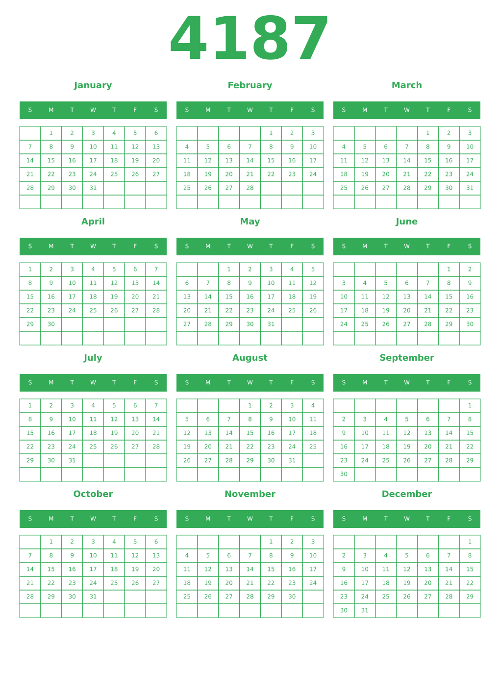 Printable 4187 Year Calendars green