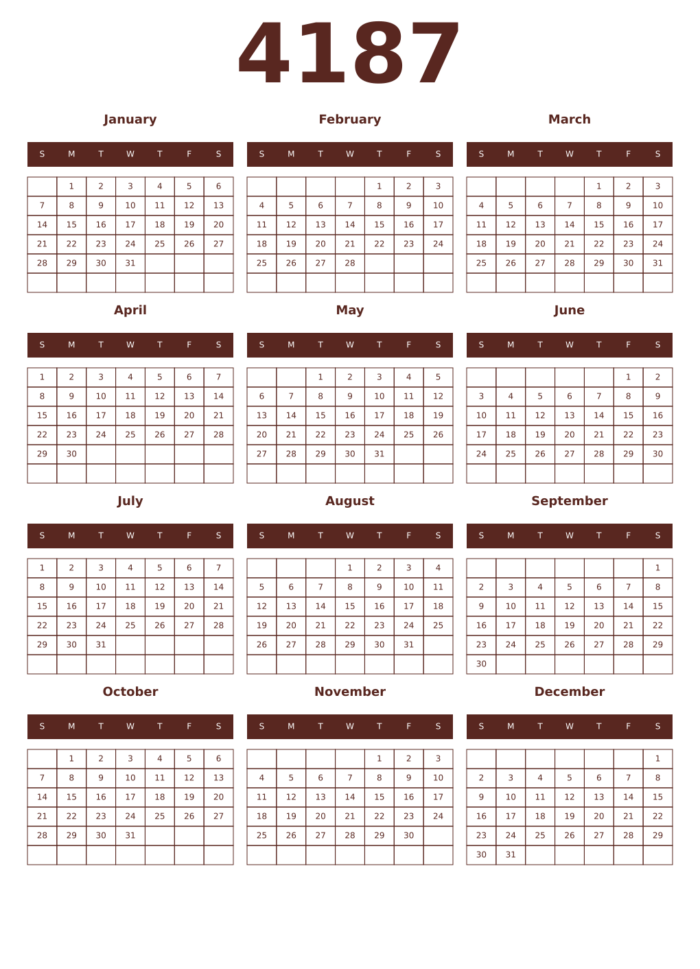 Printable 4187 Year Calendars mortuum