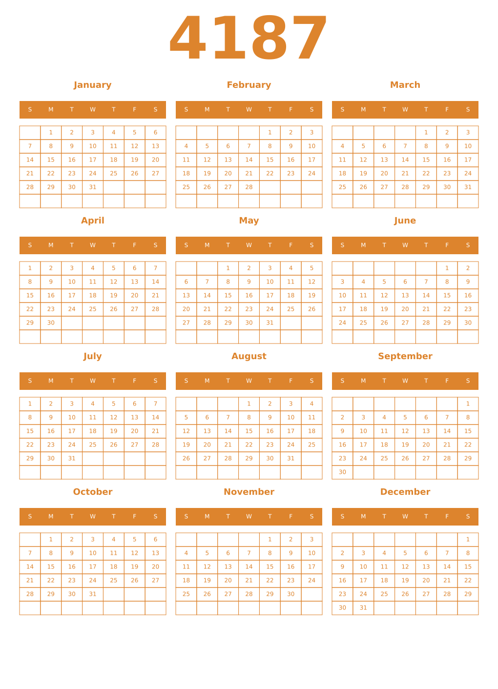 Printable 4187 Year Calendars orange