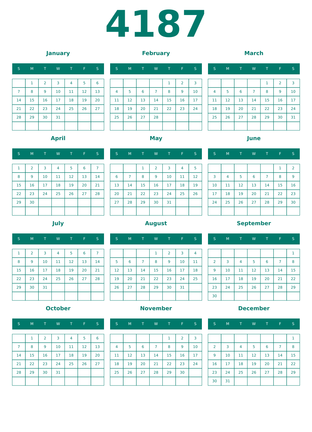 Printable 4187 Year Calendars pastel