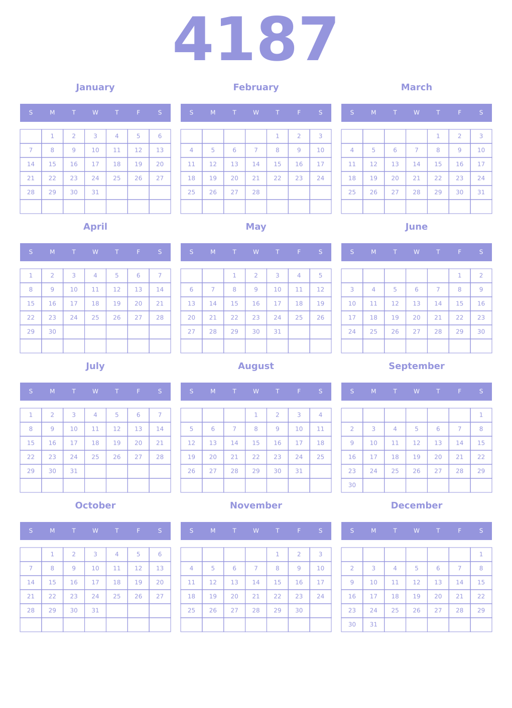 Printable 4187 Year Calendars periwinkle