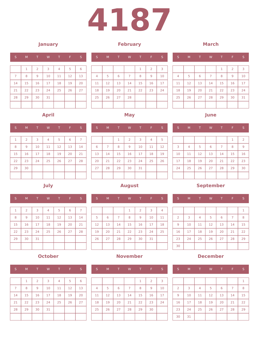 Printable 4187 Year Calendars puce