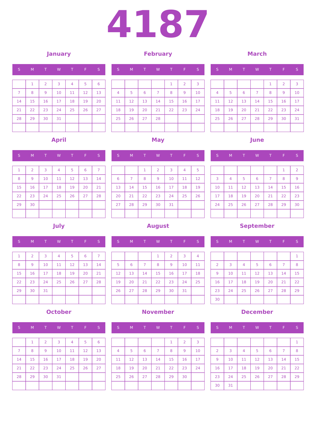 Printable 4187 Year Calendars purple