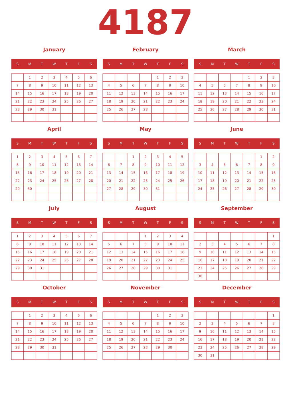 Printable 4187 Year Calendars red