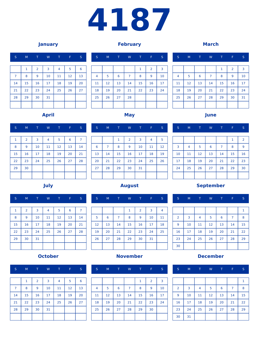 Printable 4187 Year Calendars smalt