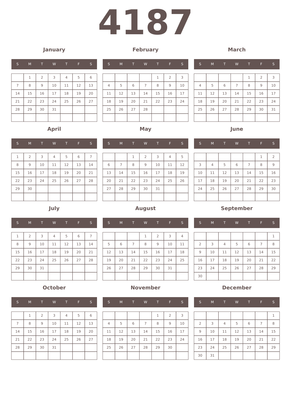 Printable 4187 Year Calendars wenge