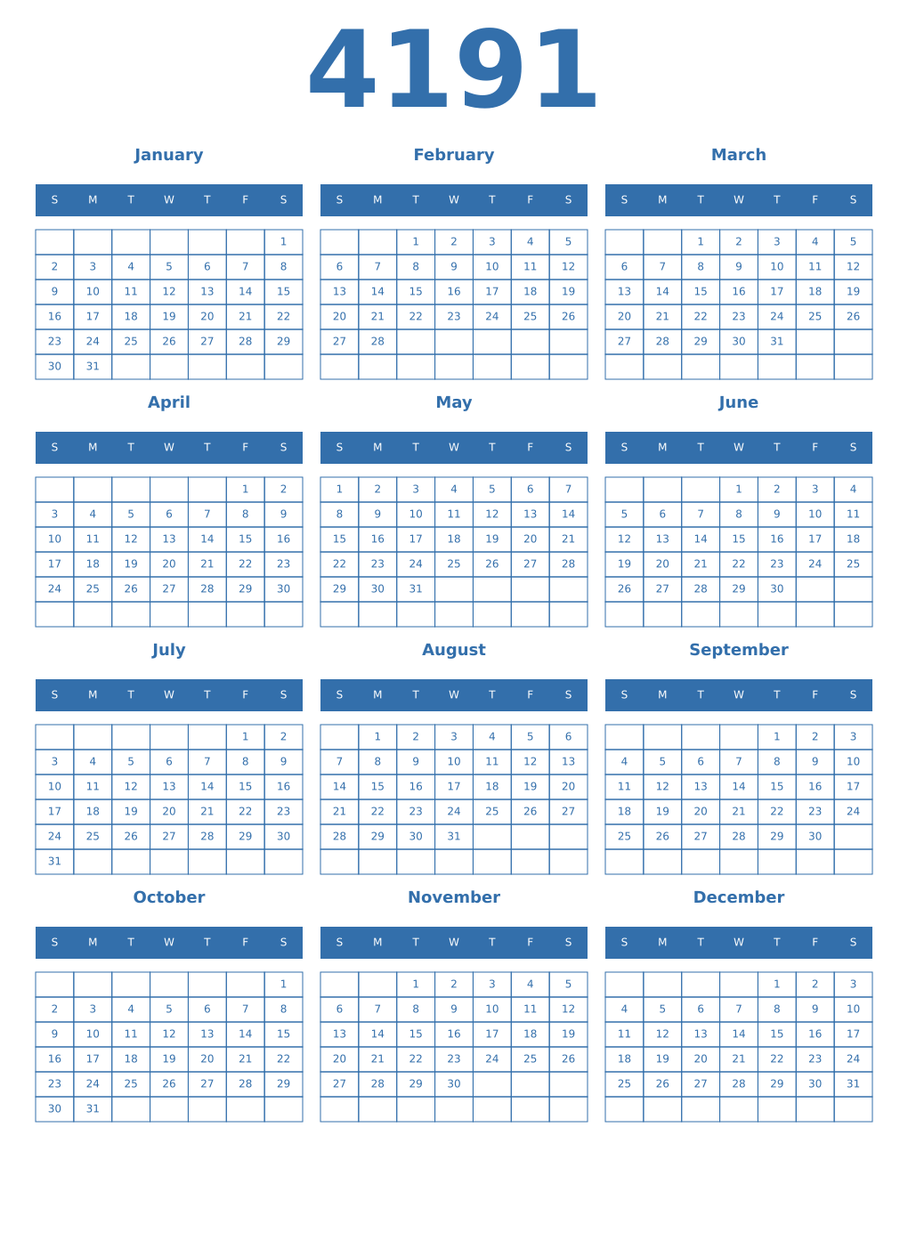 Printable 4191 Year Calendars blue
