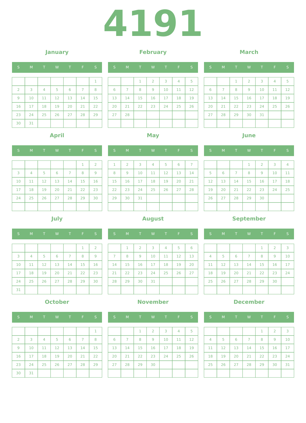 Printable 4191 Year Calendars celadon