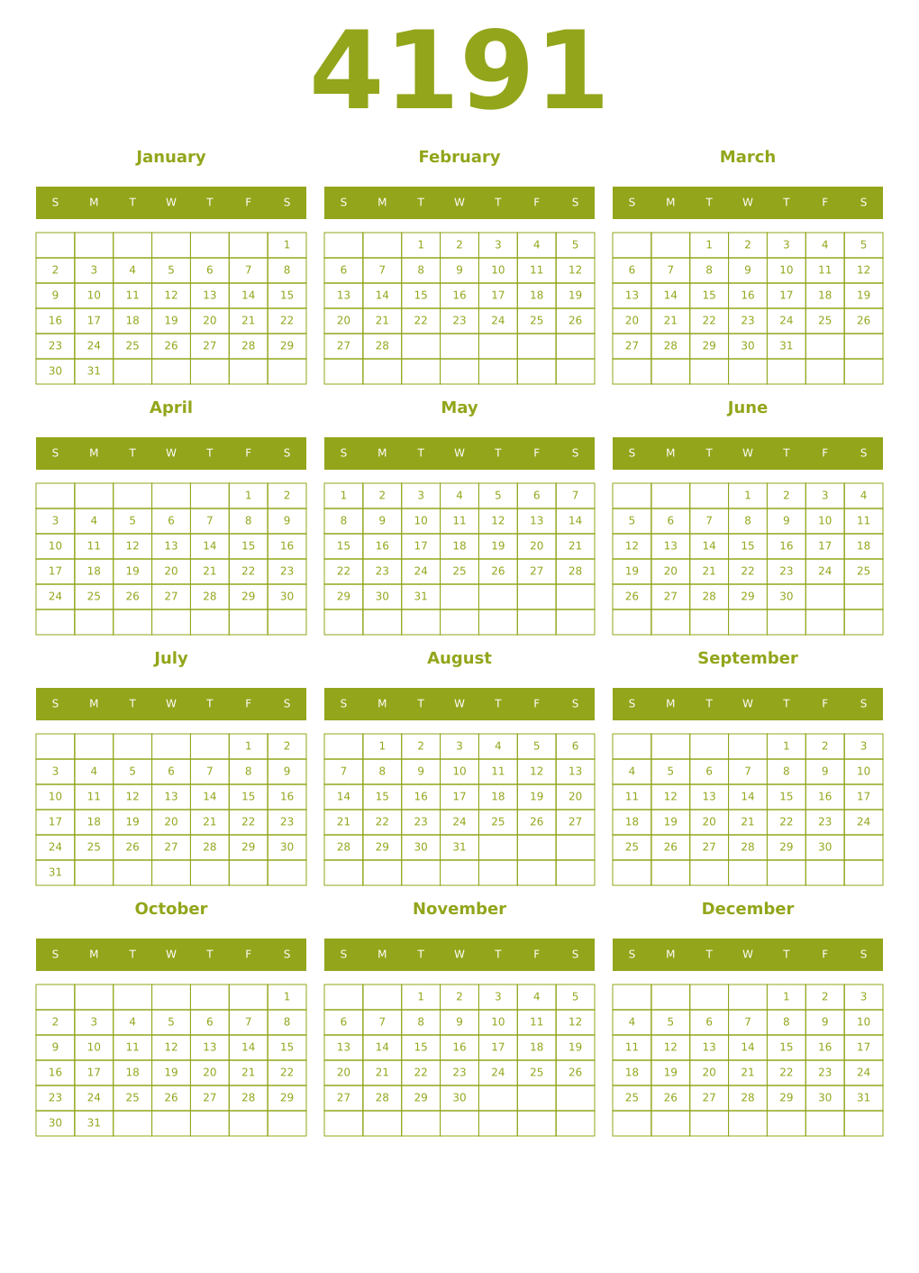 Printable 4191 Year Calendars chartreuse