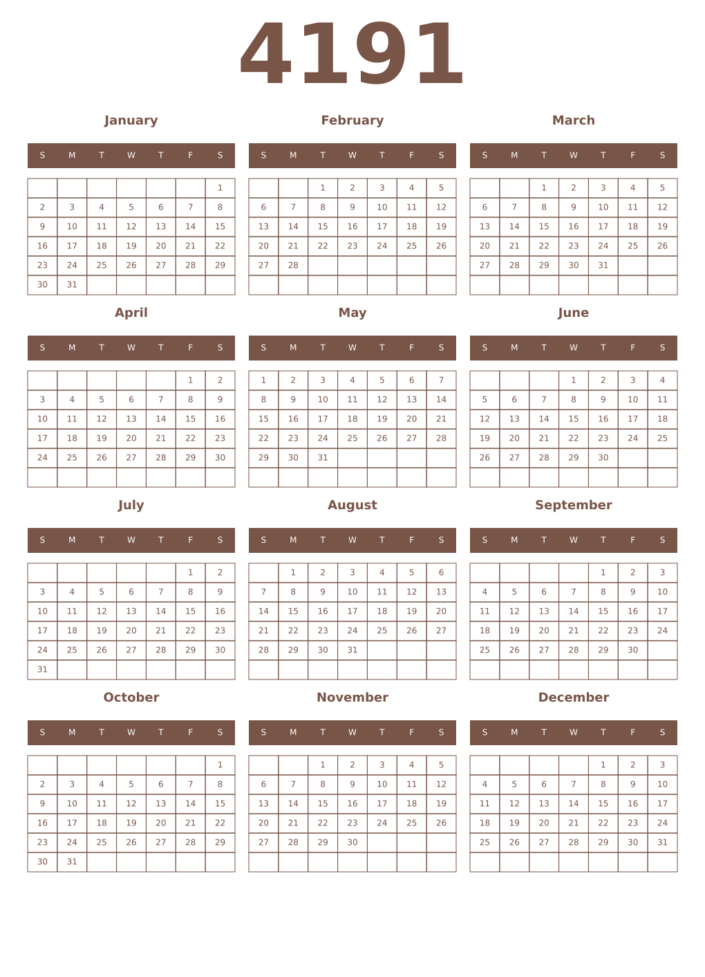 Printable 4191 Year Calendars coffe