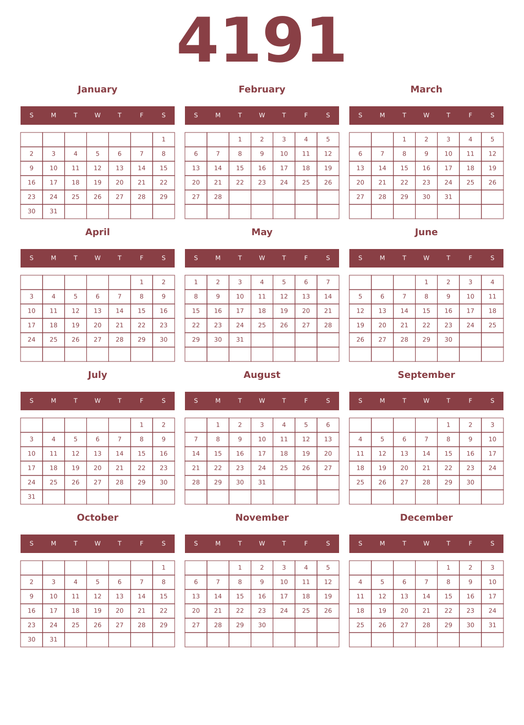 Printable 4191 Year Calendars cordovan