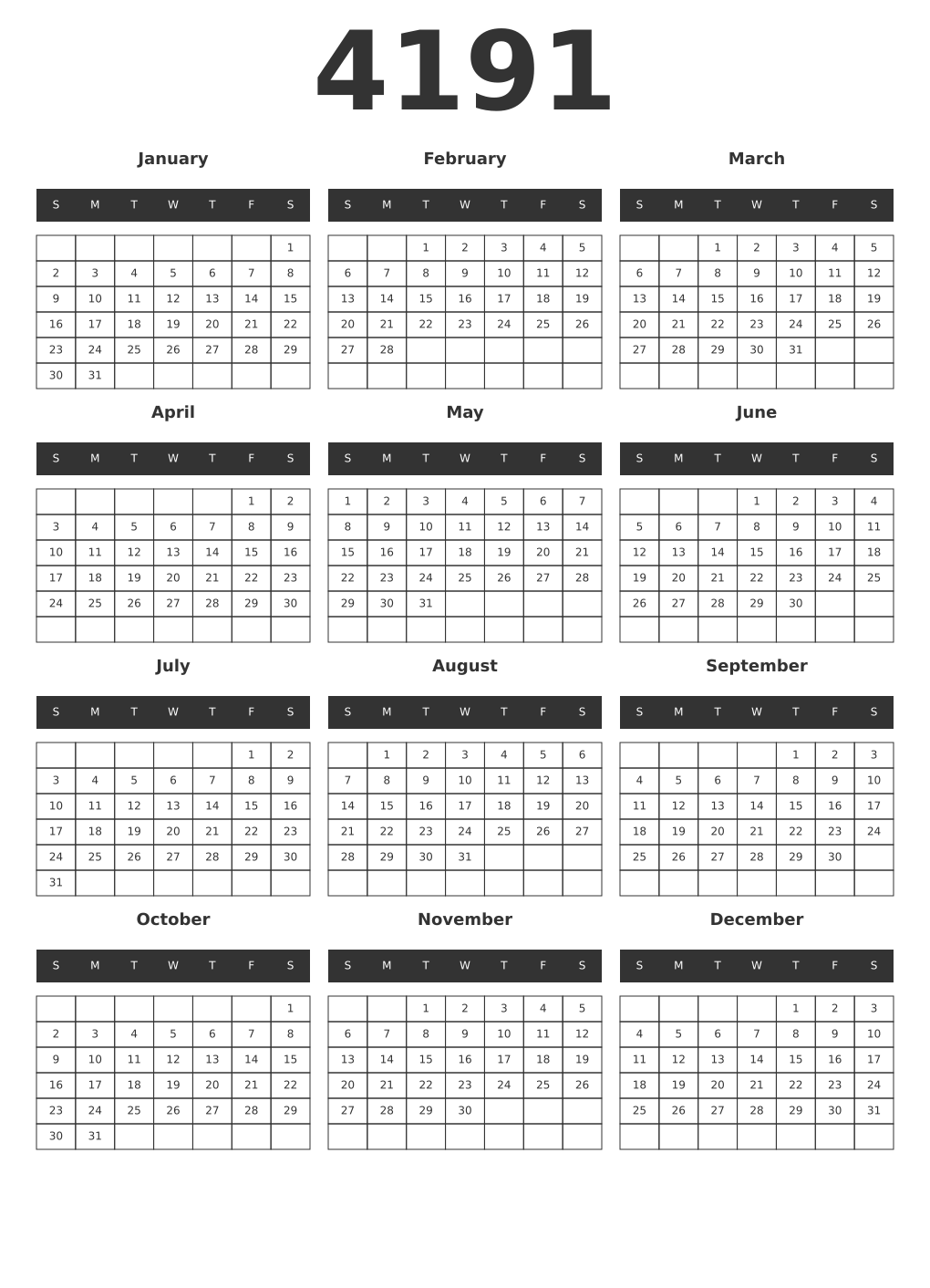 Printable 4191 Year Calendars dark