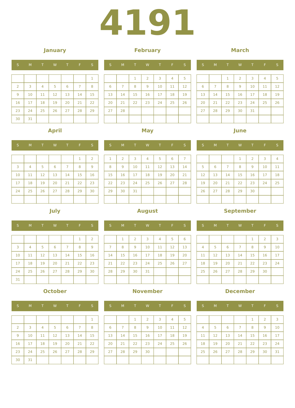 Printable 4191 Year Calendars eburnean