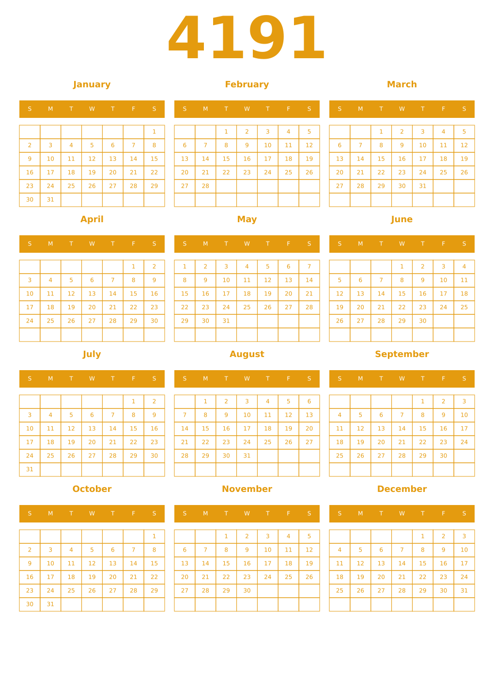Printable 4191 Year Calendars gamboge