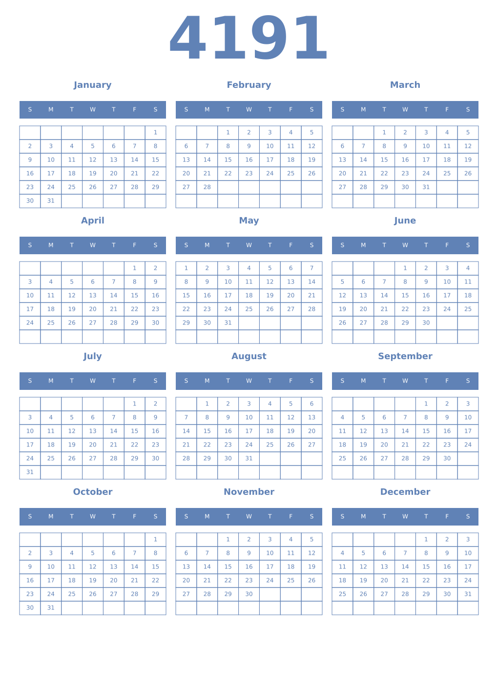 Printable 4191 Year Calendars glaucous