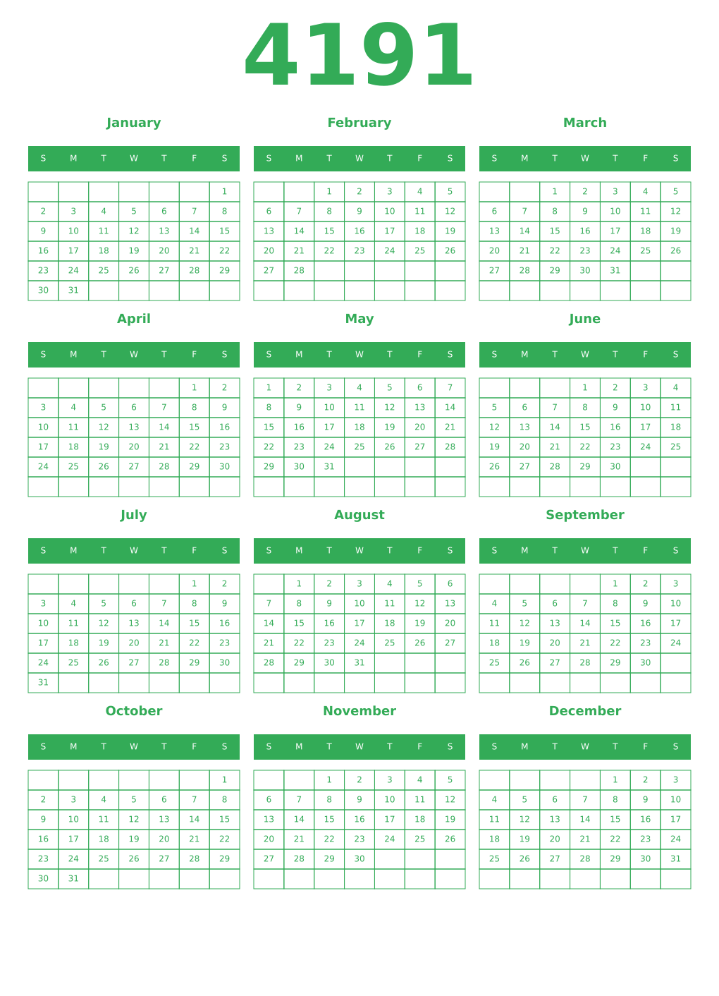 Printable 4191 Year Calendars green