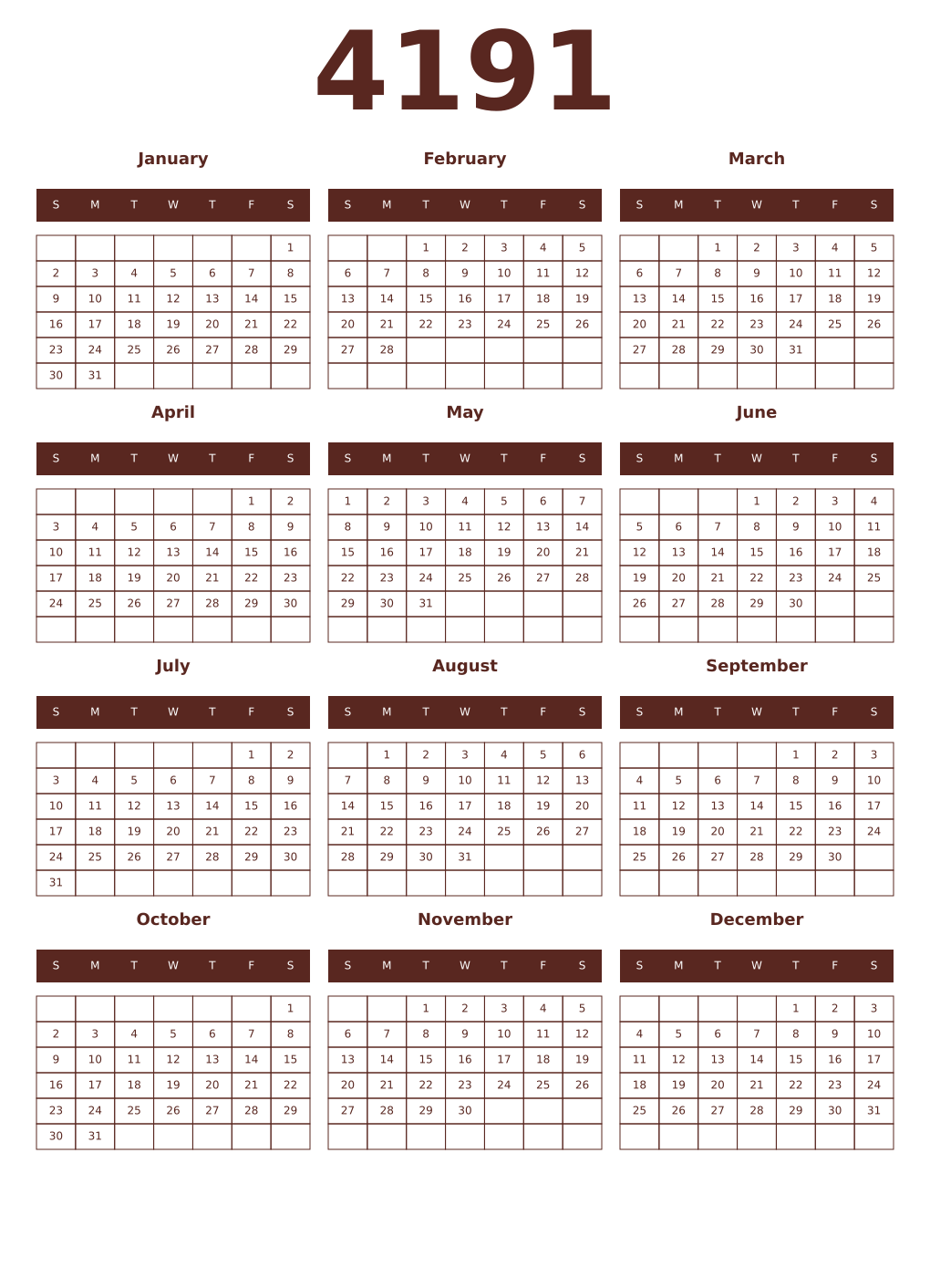 Printable 4191 Year Calendars mortuum
