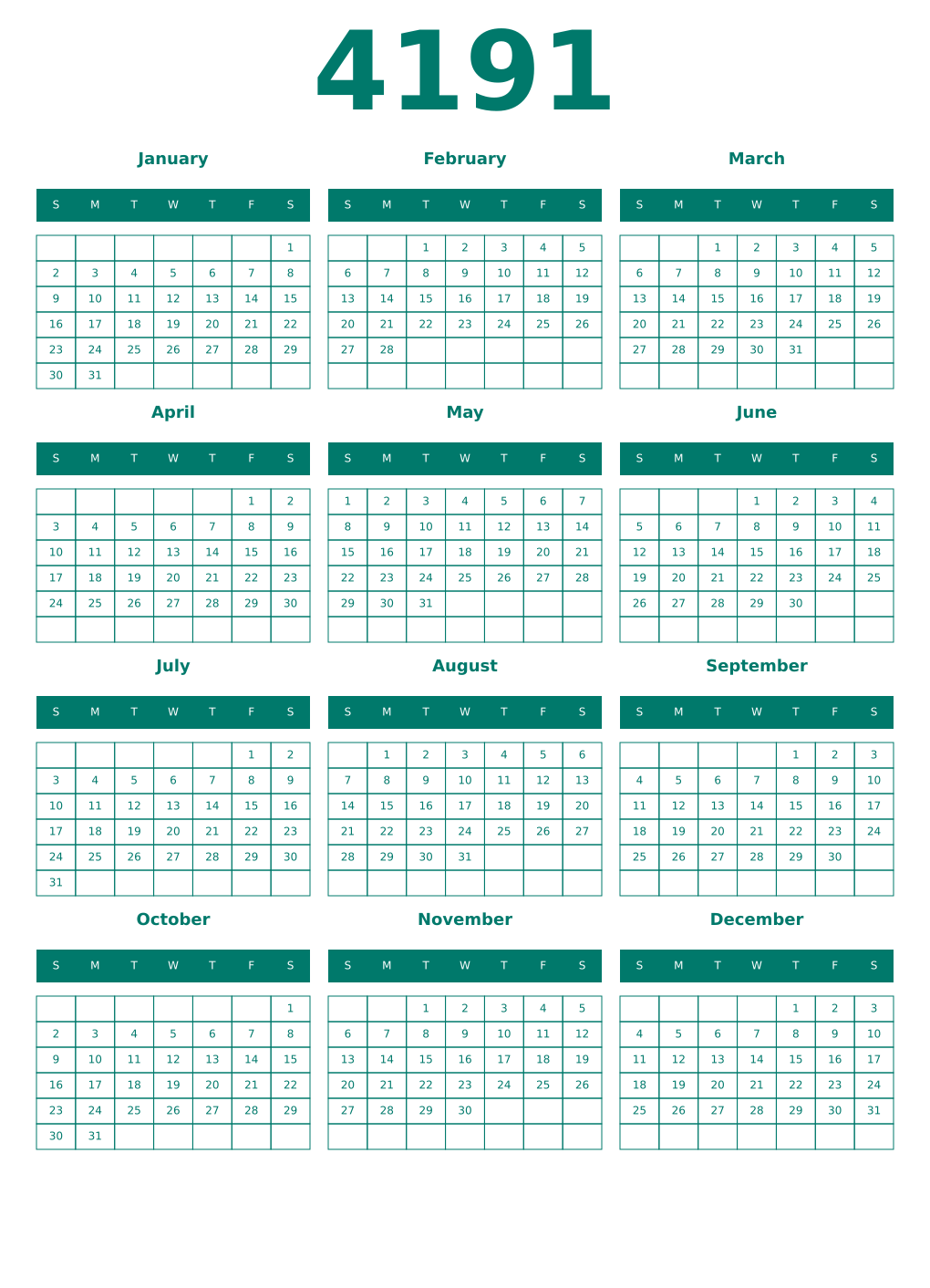 Printable 4191 Year Calendars pastel