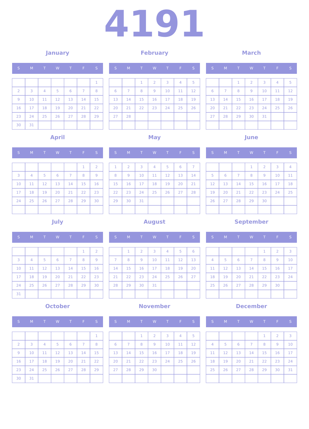 Printable 4191 Year Calendars periwinkle