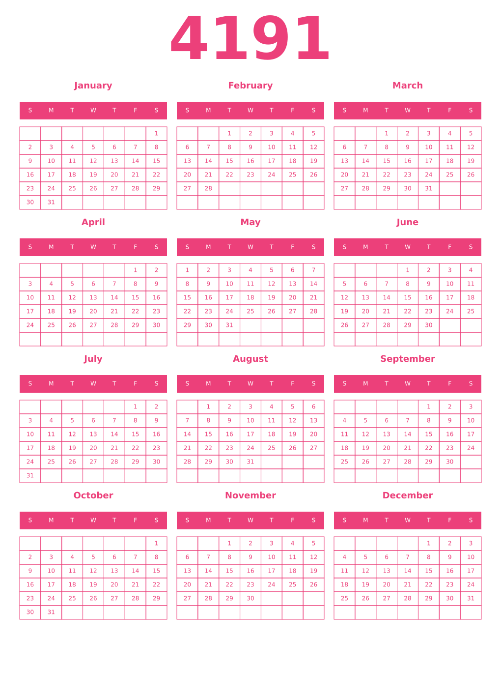 Printable 4191 Year Calendars pink