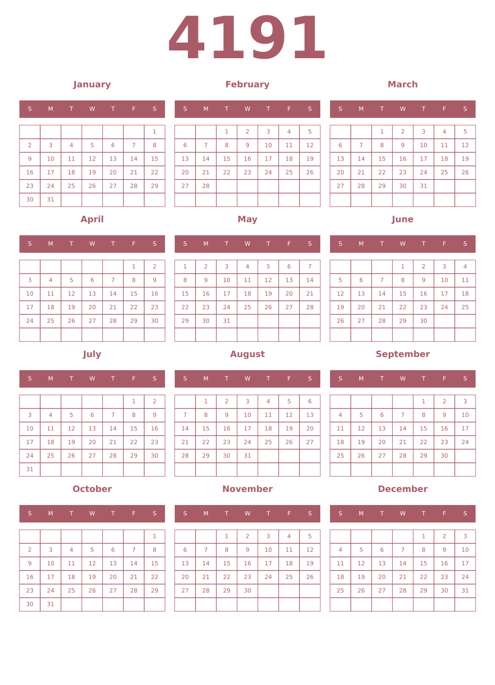 Printable 4191 Year Calendars puce