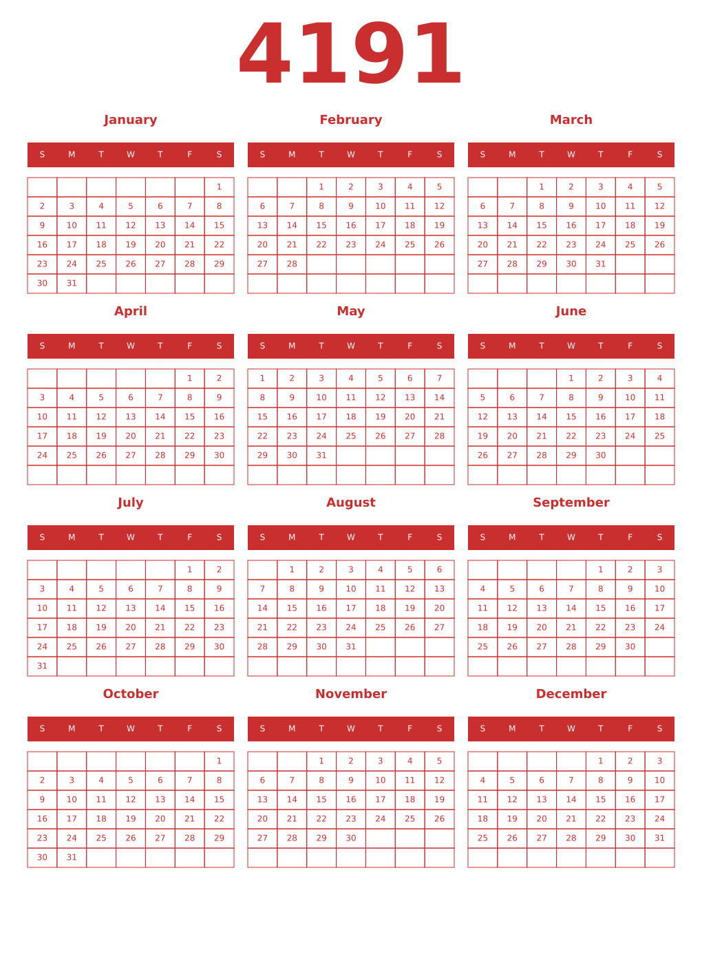 Printable 4191 Year Calendars red