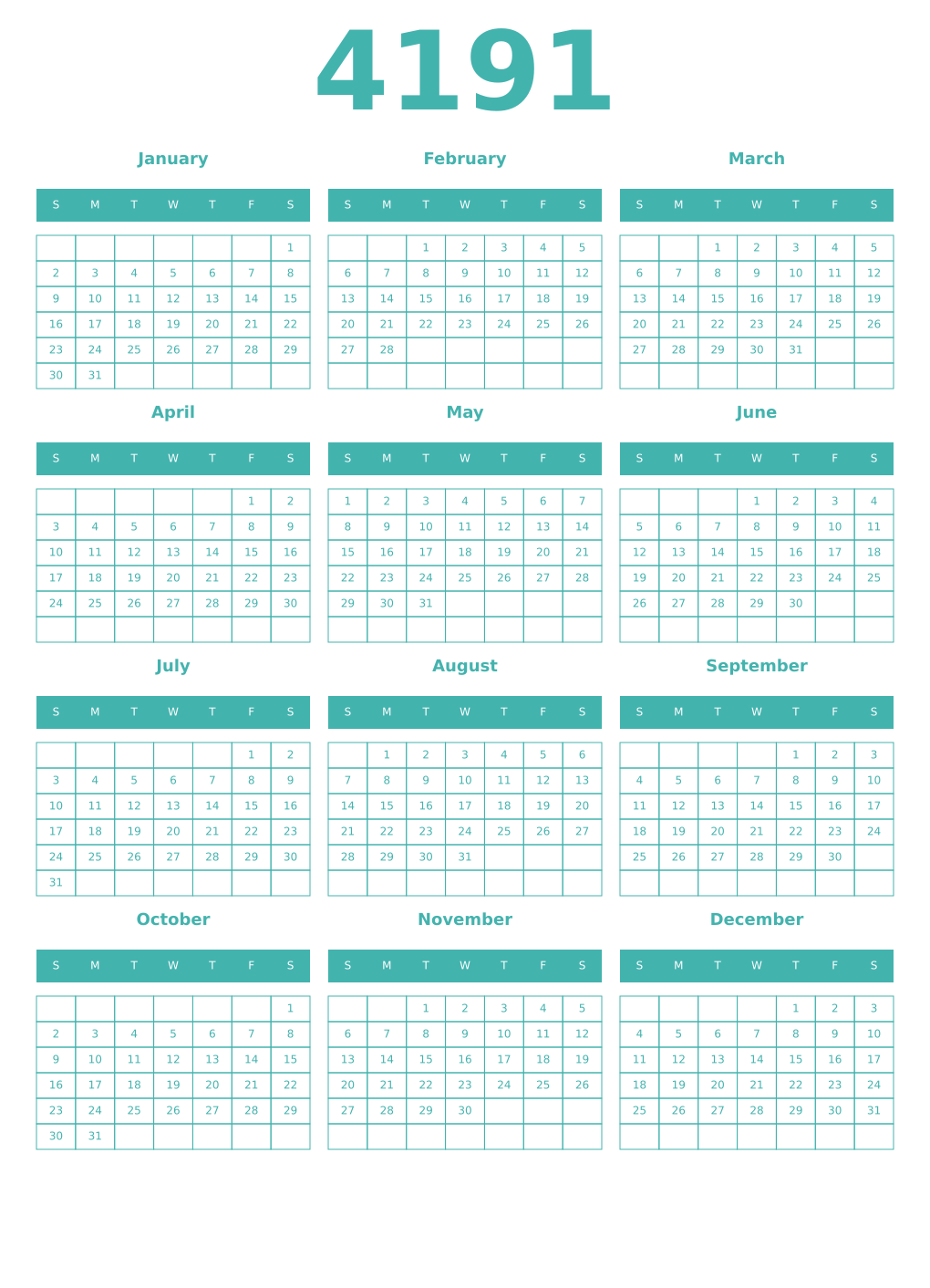 Printable 4191 Year Calendars verdigris