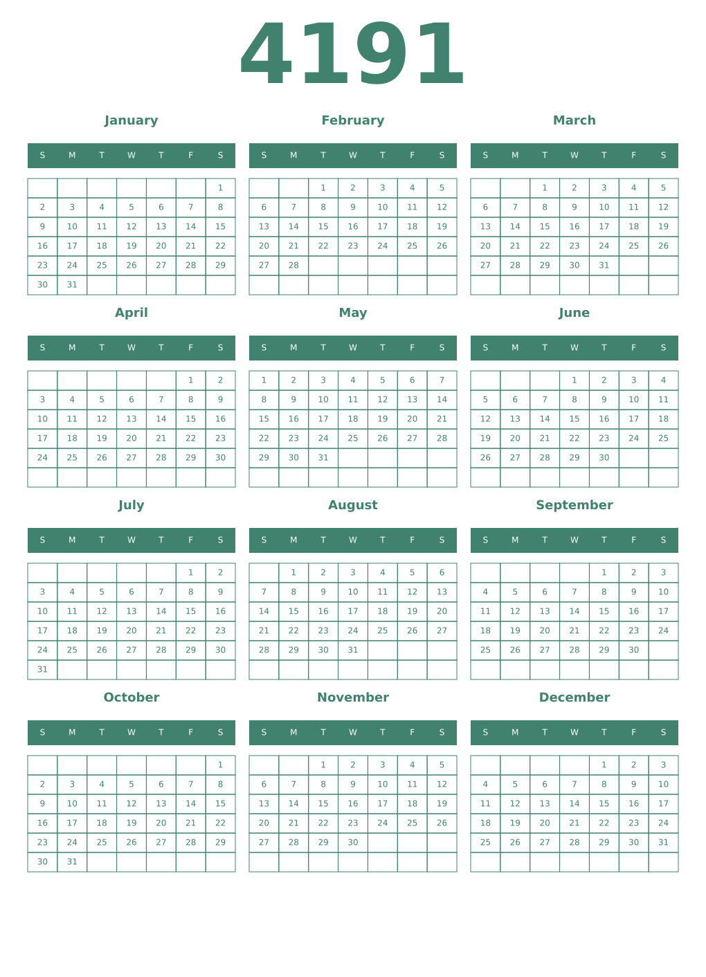 Printable 4191 Year Calendars viridian