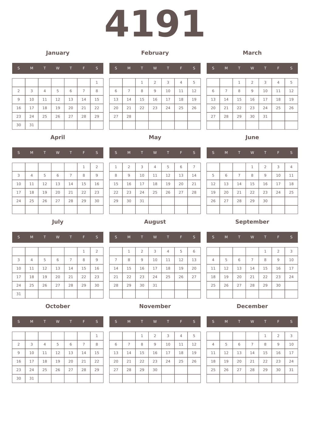 Printable 4191 Year Calendars wenge