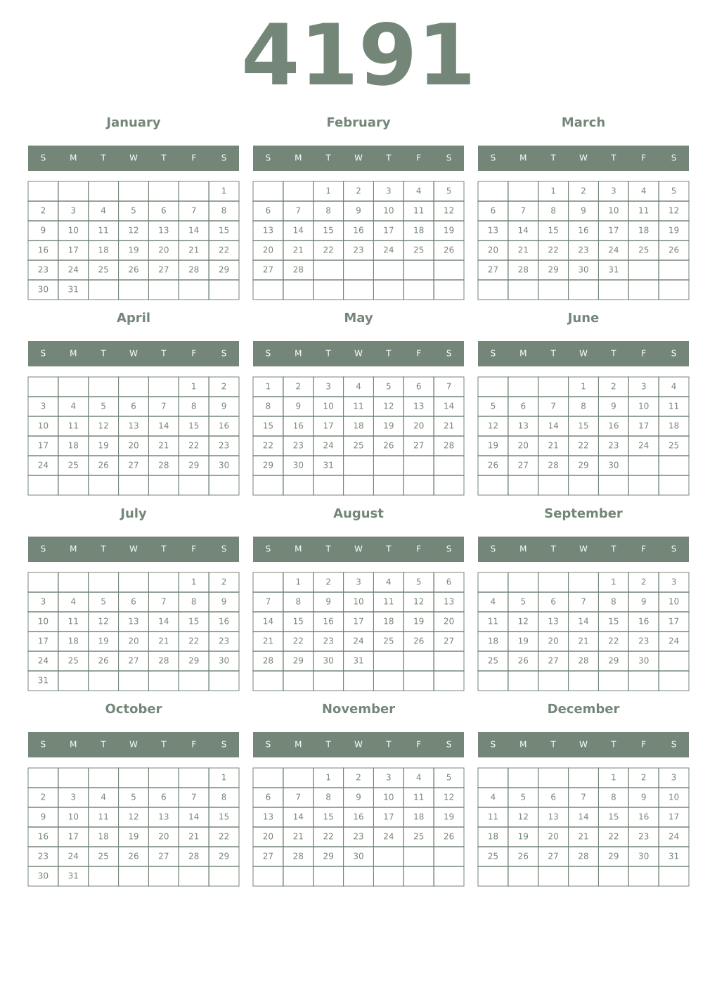 Printable 4191 Year Calendars xanadu
