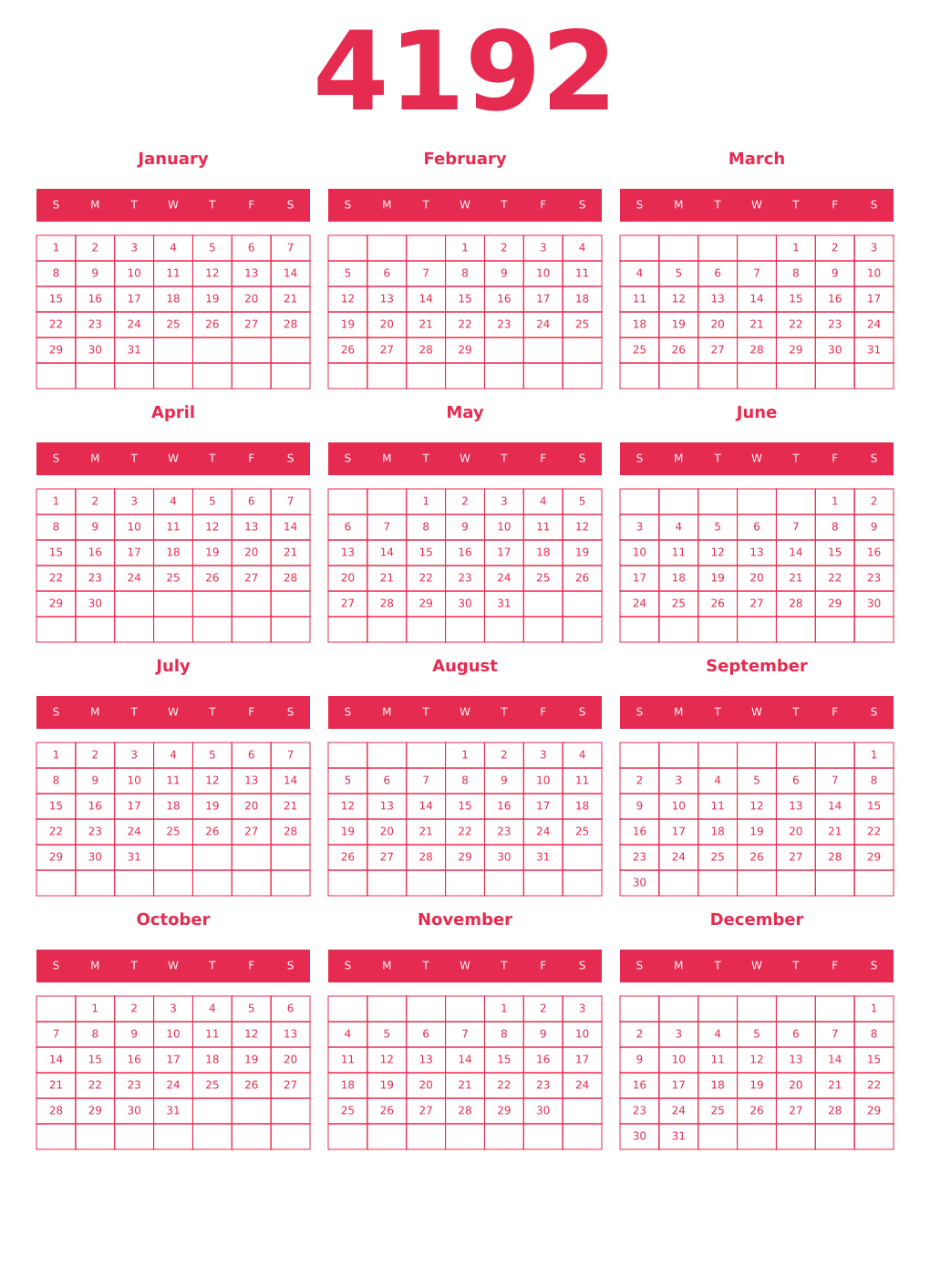Printable 4192 Year Calendars amaranth